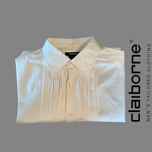 Claiborne Pleated Front White Dress Shirt - Premium Cotton Size L
